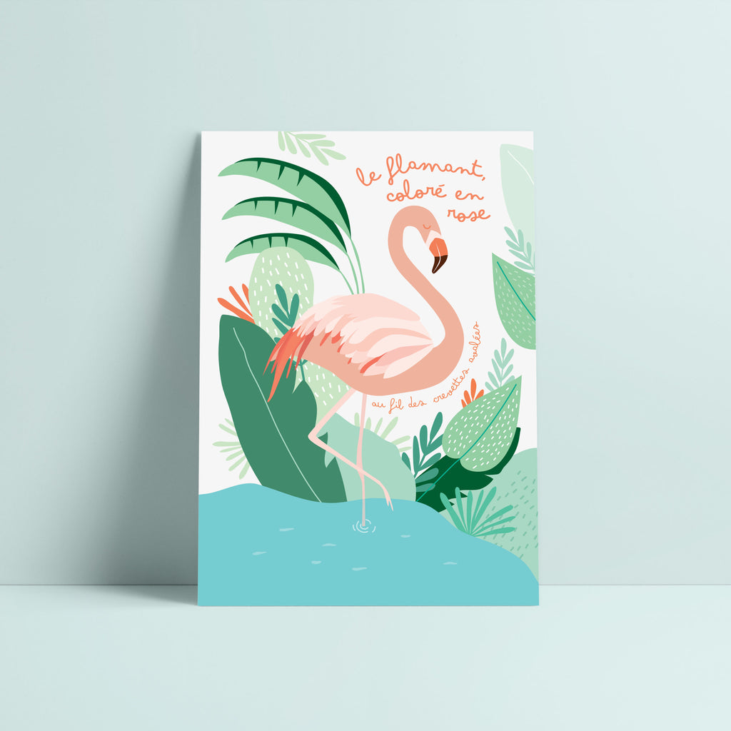 Carte postale flamant rose, illustration pédagogique, déco chambre enfant
