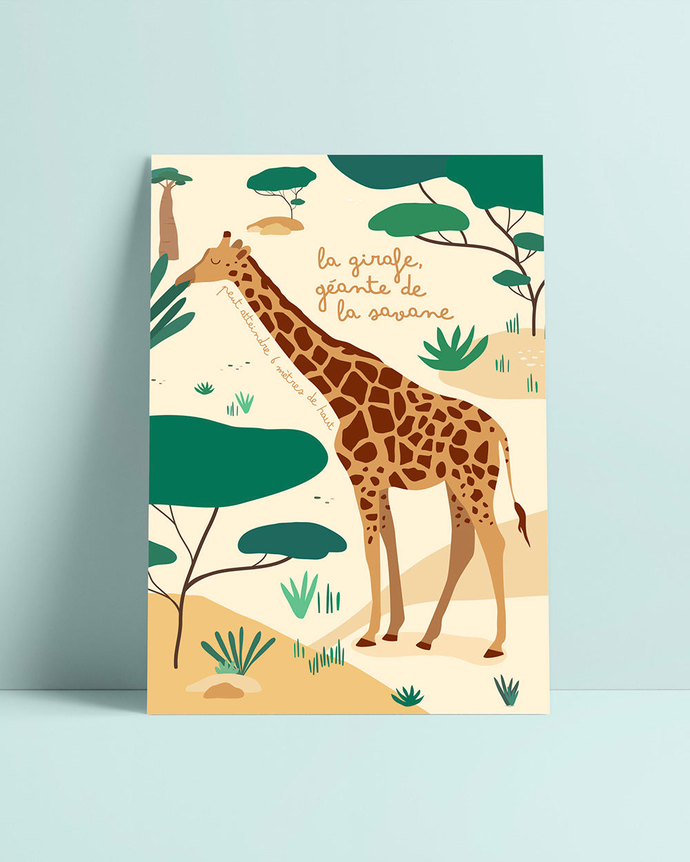 Carte postale girafe, illustration pédagogique, déco chambre enfant