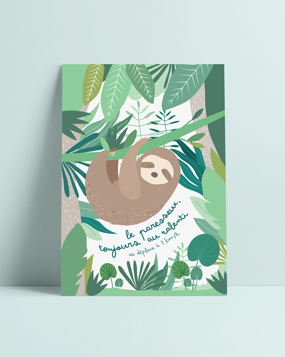 Carte postale paresseux, illustration pédagogique, déco chambre enfant