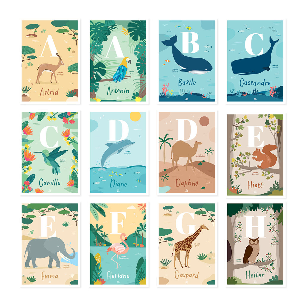 Affiche enfant initiale prénom personnalisé animaux du monde, poster déco unique Papier curieux