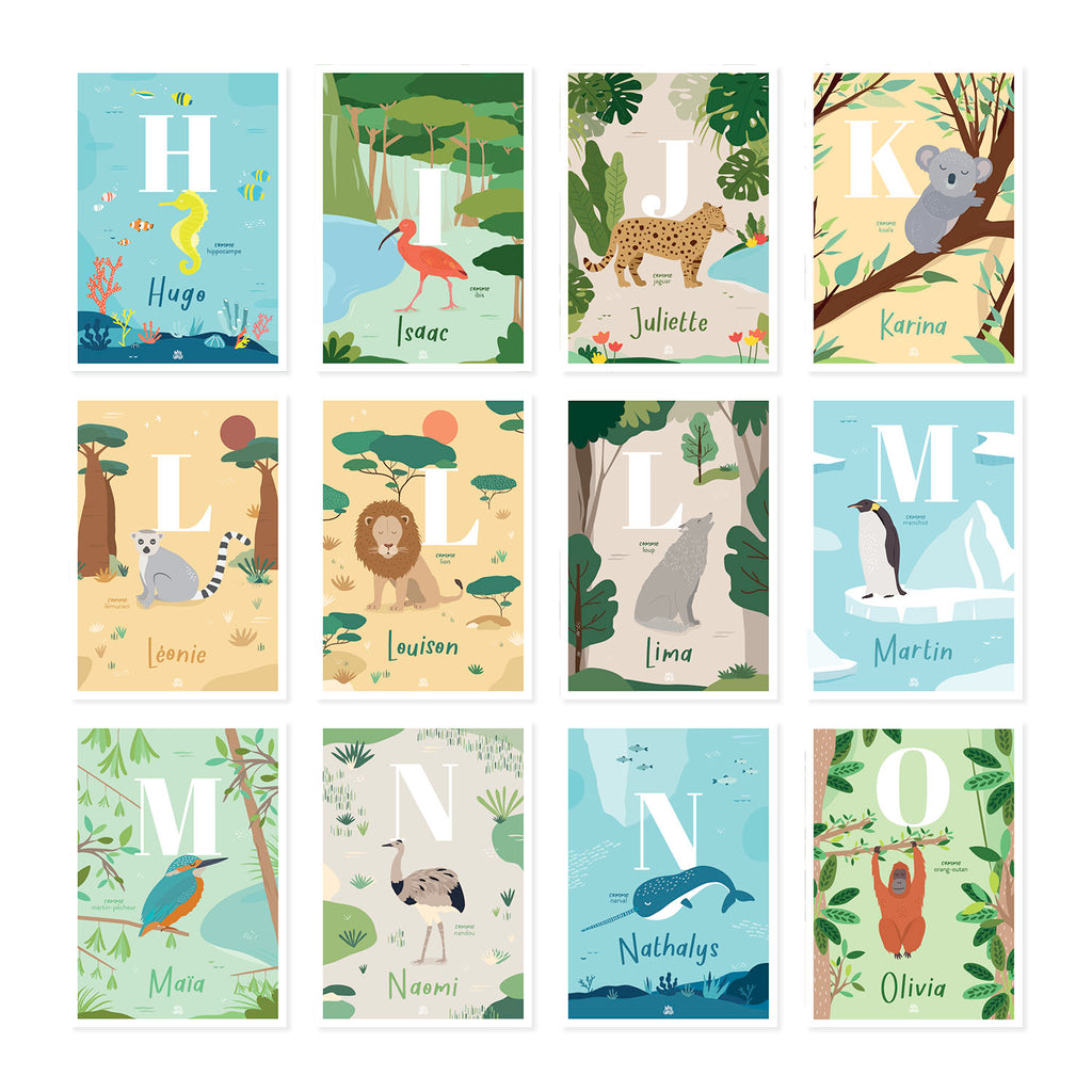 Affiche enfant initiale prénom personnalisé animaux du monde, poster déco unique Papier curieux