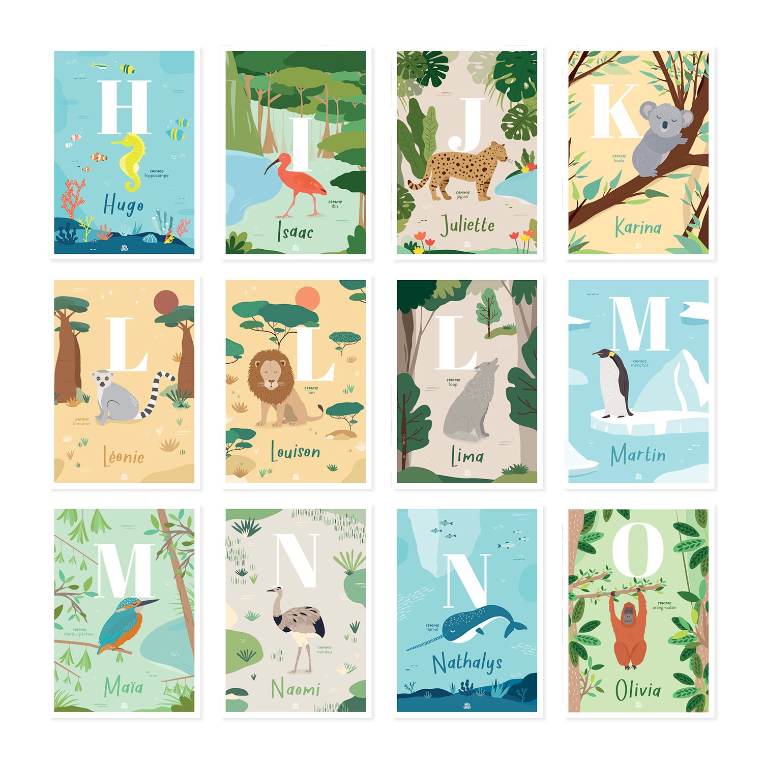 Affiche enfant initiale prénom personnalisé animaux du monde, poster déco unique Papier curieux