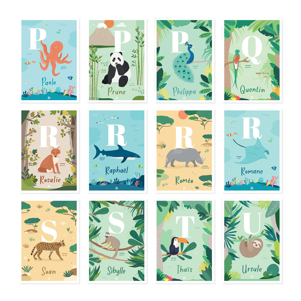 Affiche enfant initiale prénom personnalisé animaux du monde, poster déco unique Papier curieux