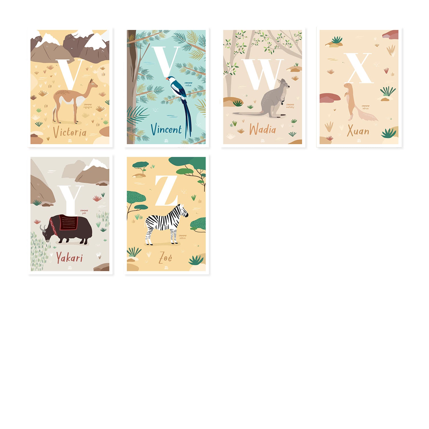 Affiche enfant initiale prénom personnalisé animaux du monde, poster déco unique Papier curieux