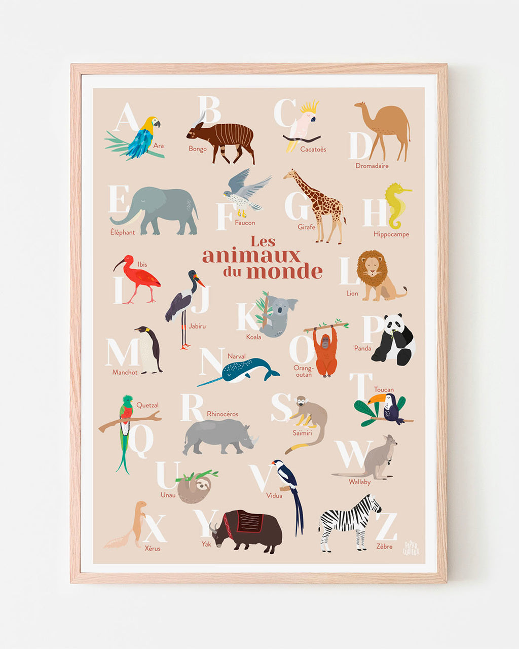 Affiche abécédaire animaux du monde, poster déco illustration pour chambre d'enfant, affiche pédagogique bébé