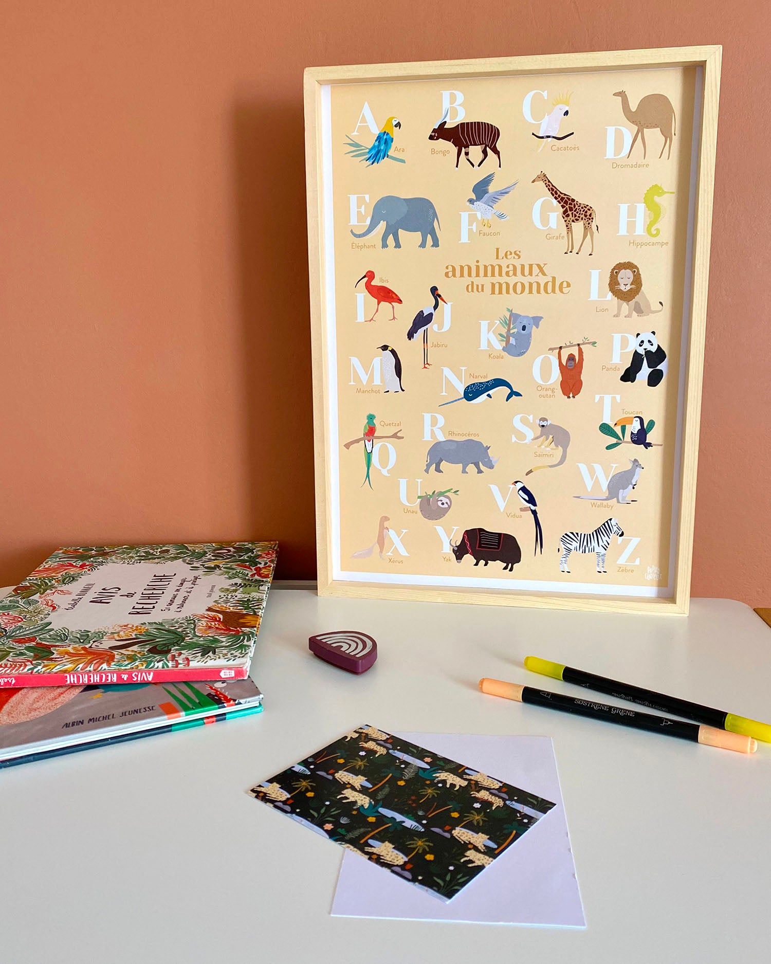 Affiche abécédaire animaux du monde, poster déco illustration pour chambre d'enfant, affiche pédagogique bébé