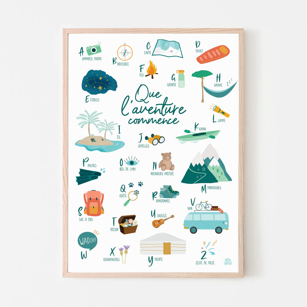 Affiche abécédaire déco chambre enfant, poster alphabet de l'aventurier