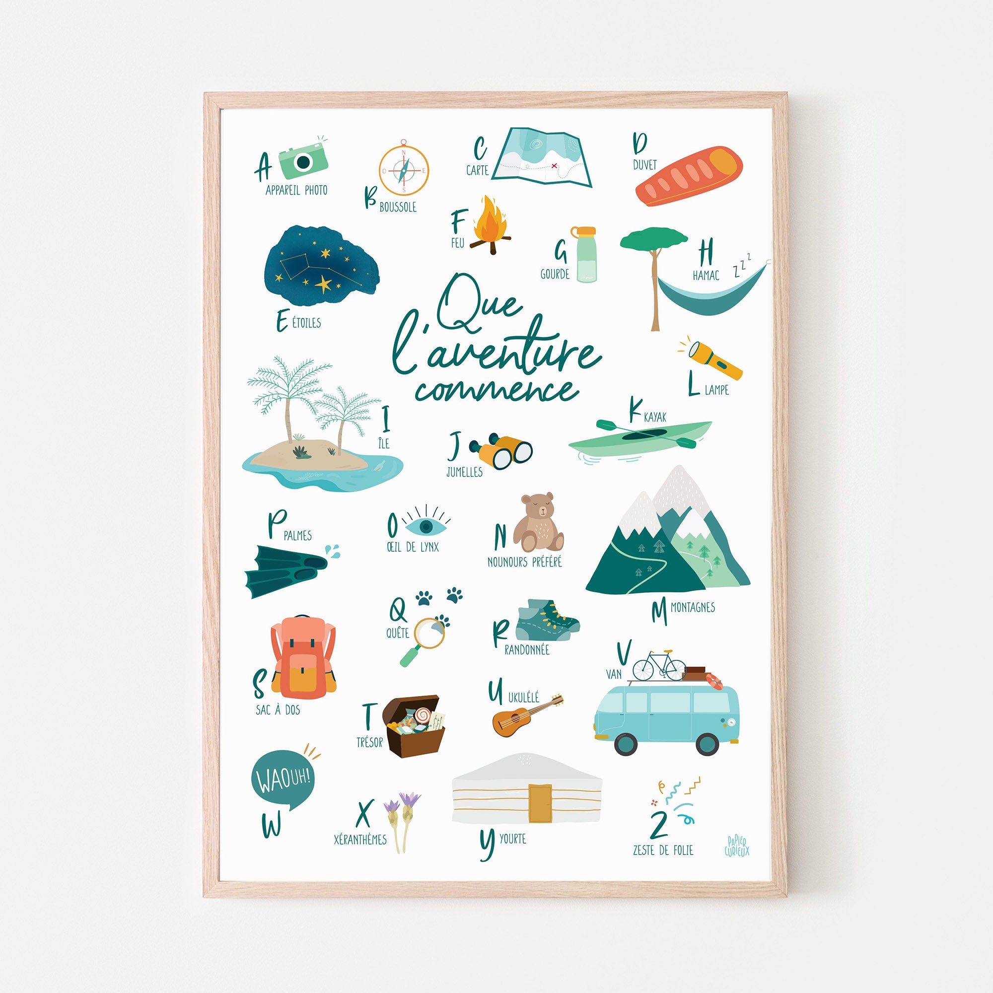 Affiche abécédaire déco chambre enfant, poster alphabet de l'aventurier