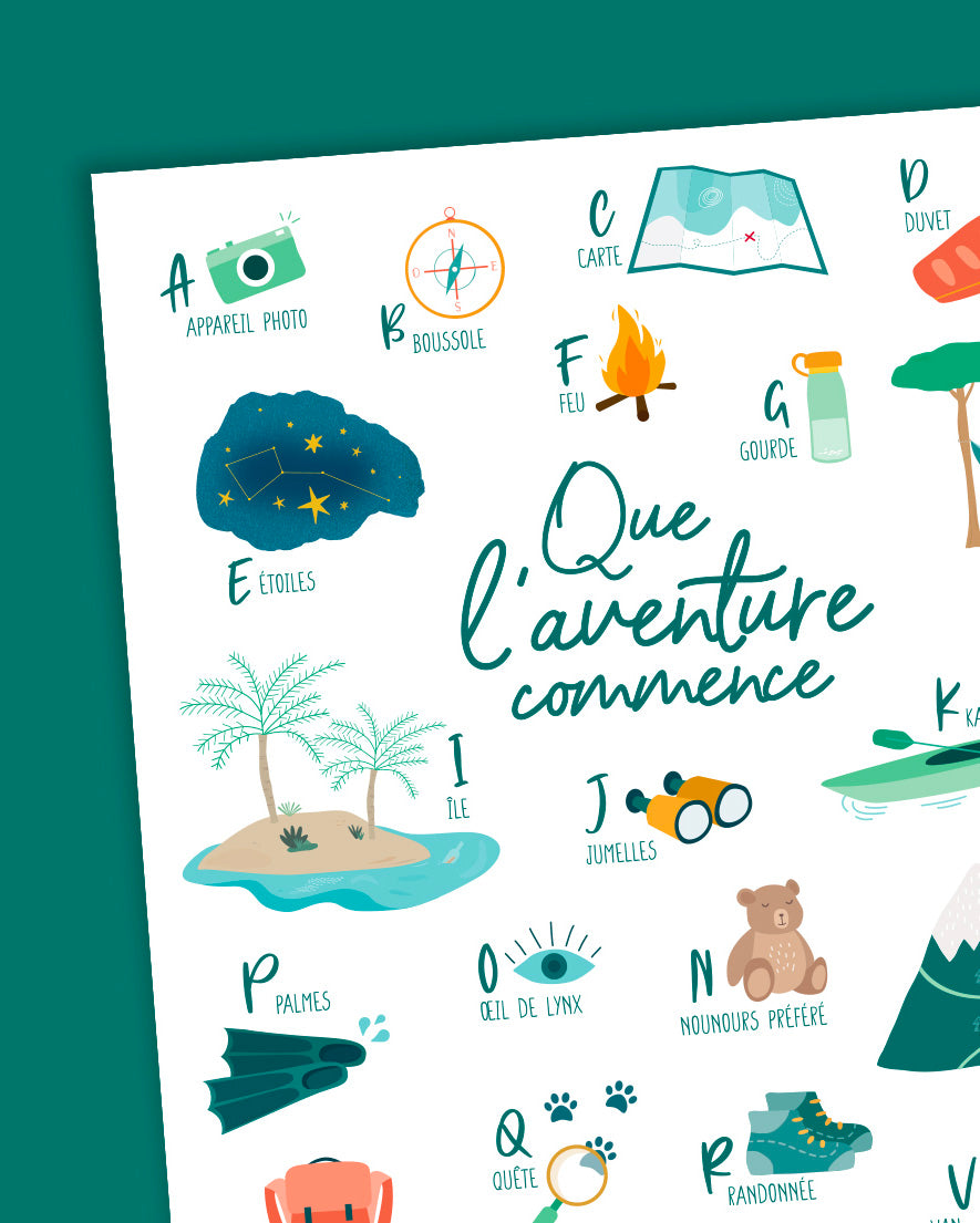 Affiche abécédaire déco chambre enfant, poster alphabet de l'aventurier
