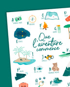 Affiche abécédaire déco chambre enfant, poster alphabet de l'aventurier