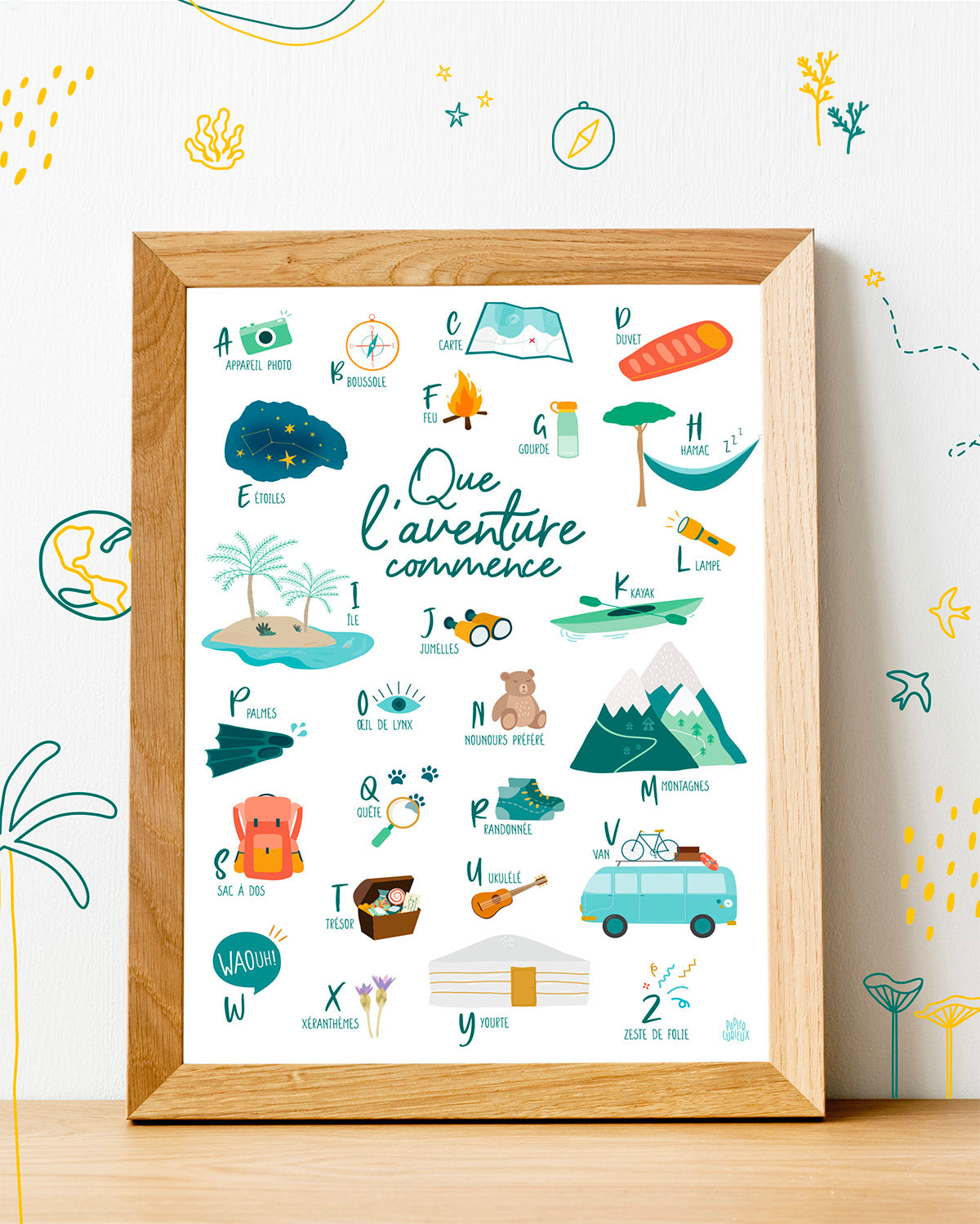 Affiche abécédaire déco chambre enfant, poster alphabet de l'aventurier