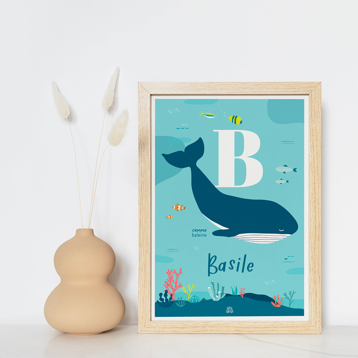 Affiche enfant initiale prénom personnalisé baleine, poster date de naissance, déco unique Papier curieux