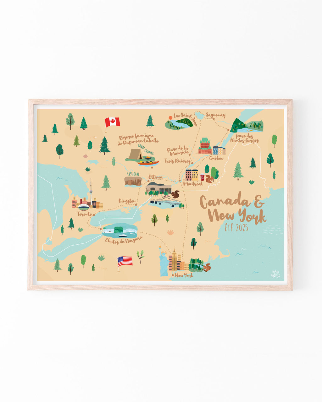 Affiches voyages personnalisés, carte illustration nature, poster pays itinéraire Canada