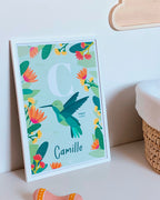 Affiche enfant initiale prénom personnalisé Camille et colibri, poster date de naissance, déco unique Papier curieux