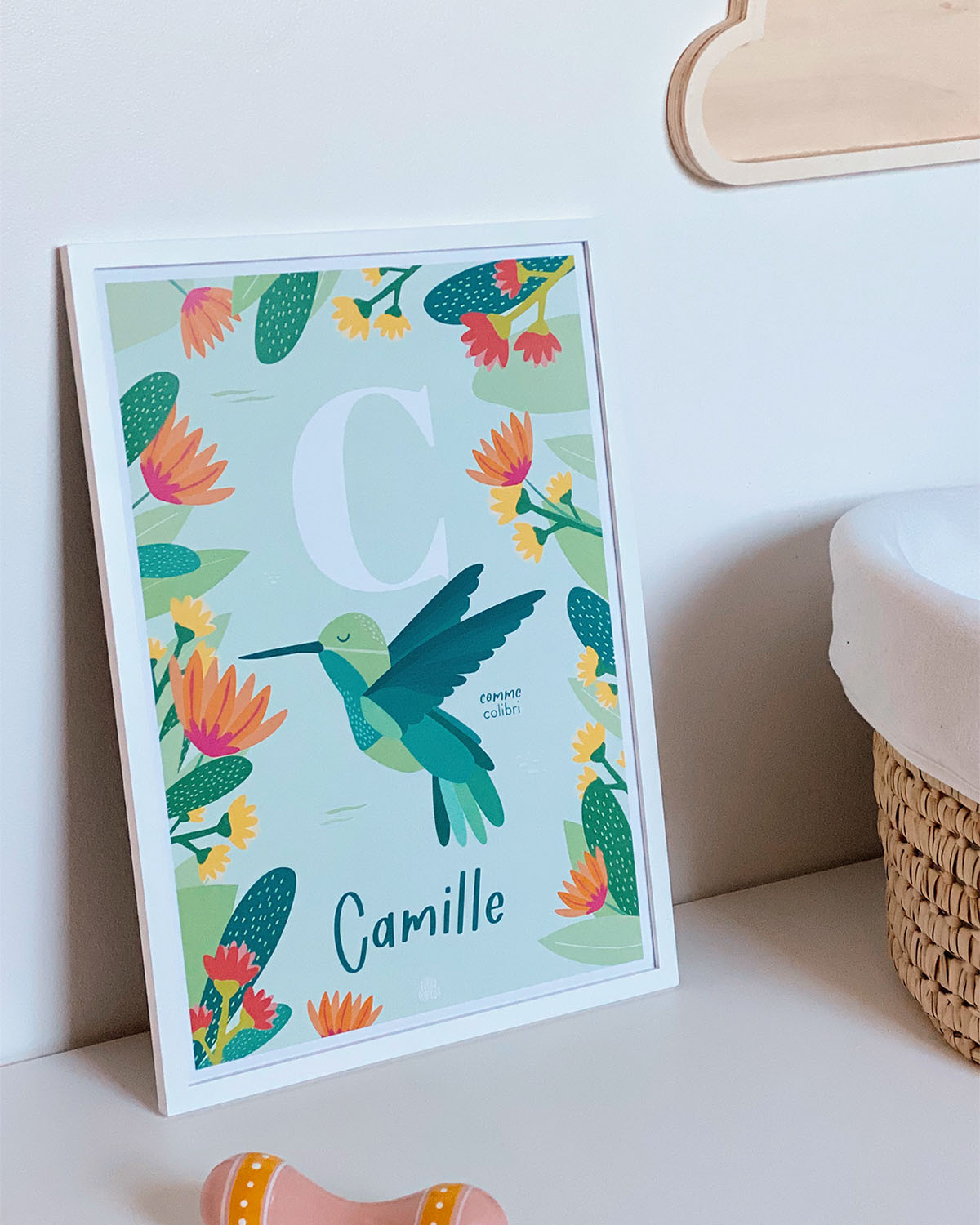 Affiche enfant initiale prénom personnalisé Camille et colibri, poster date de naissance, déco unique Papier curieux