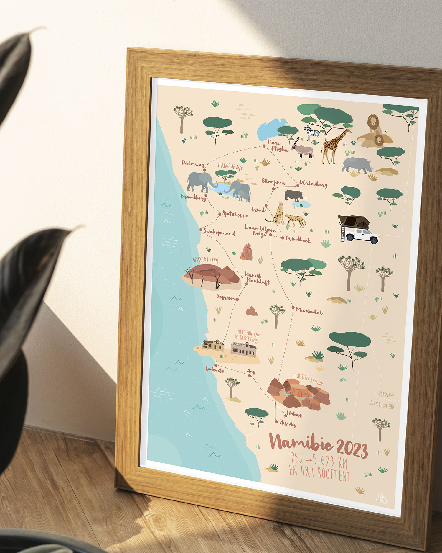 Affiches voyages personnalisés, carte illustration nature, poster pays itinéraire Namibie