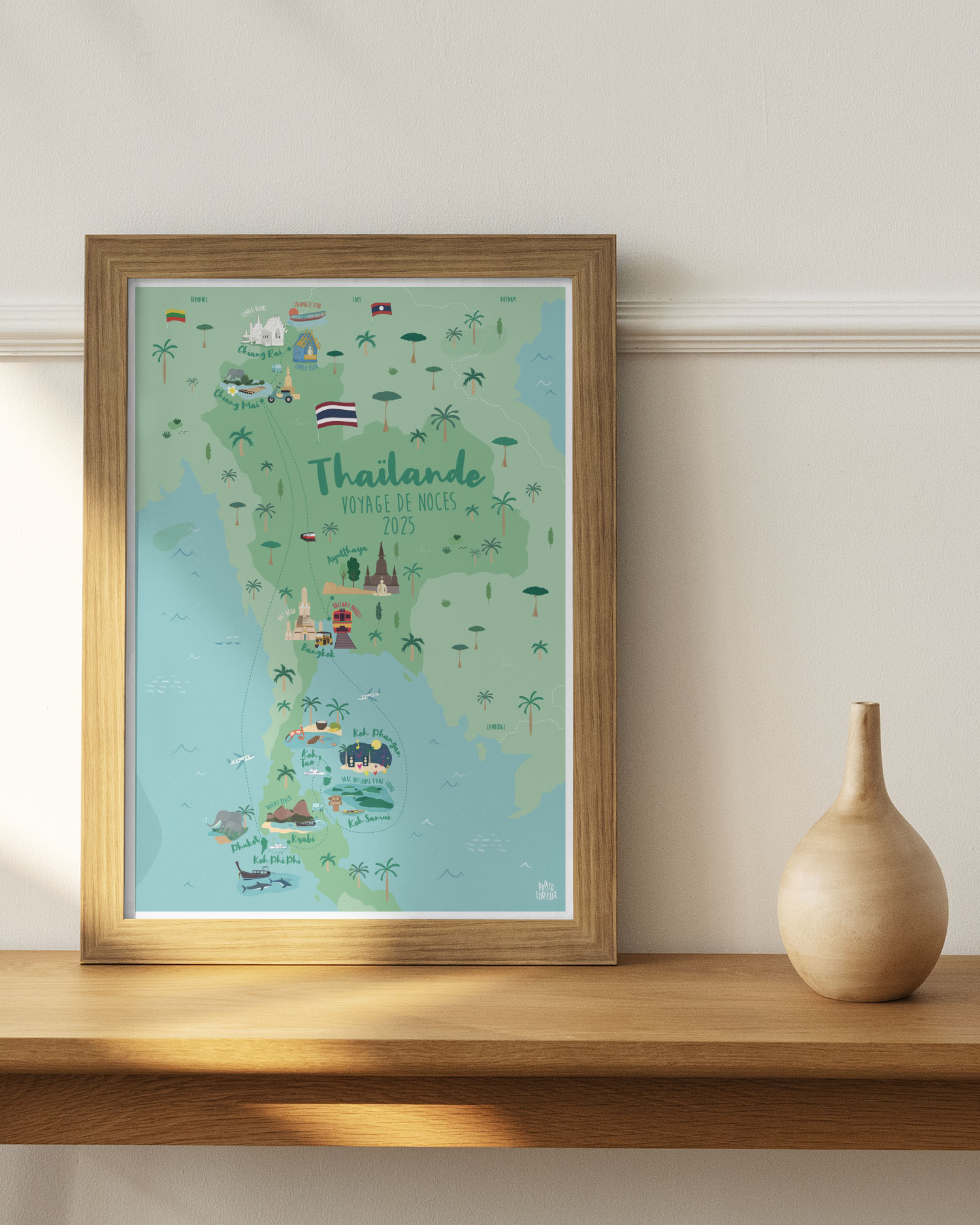 Affiches voyages personnalisés, carte illustration nature, poster pays itinéraire Thaïlande