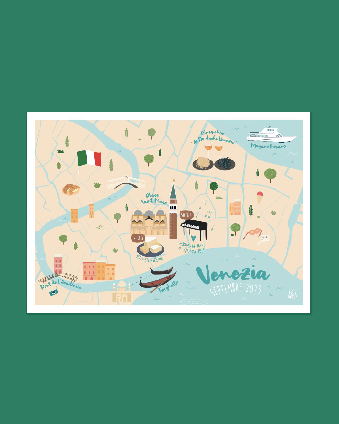 Affiches voyages personnalisés, carte illustration nature, poster pays itinéraire Venise