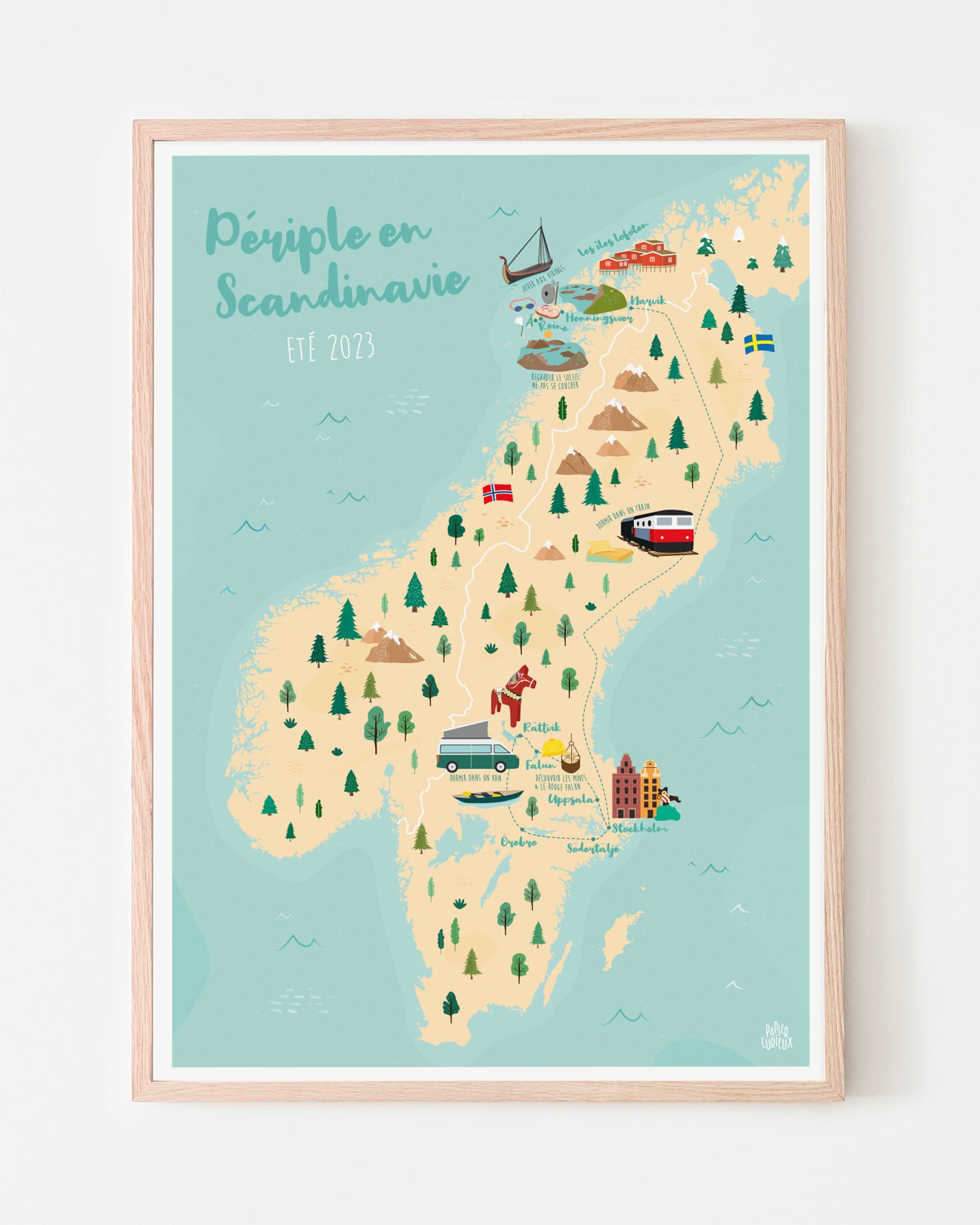 Affiche voyage personnalisée Suède, carte illustration nature, poster pays itinéraire détaillé