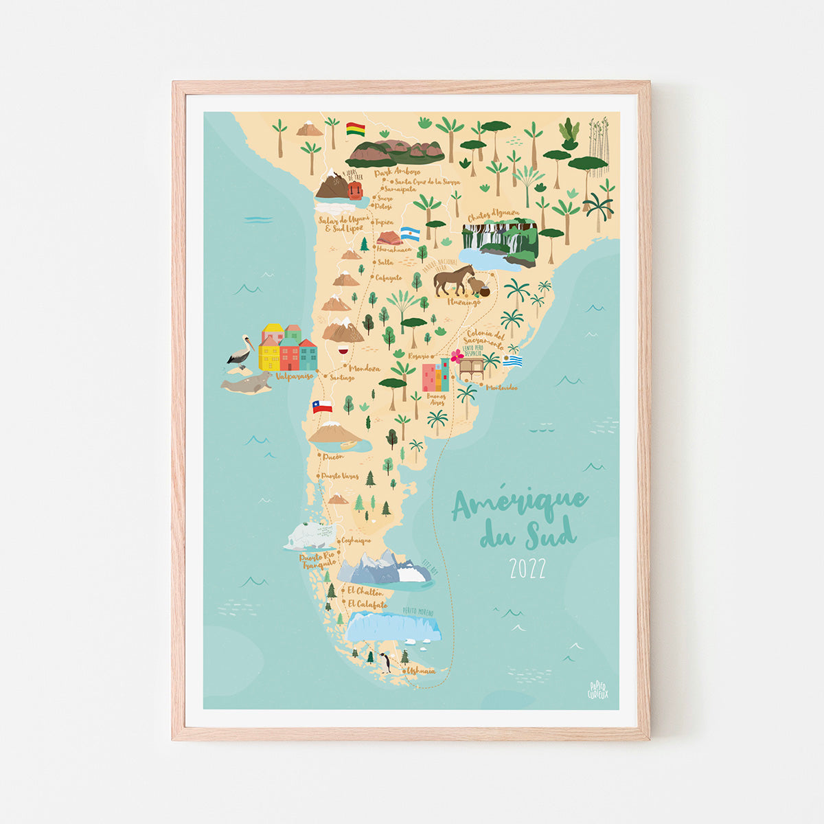 Affiche voyage personnalisé Amérique du Sud, carte illustration, poster pays itinéraire détaillé, déco colorée Papier curieux