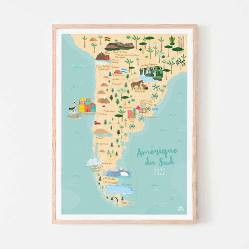 Affiche voyage personnalisé Amérique du Sud, carte illustration, poster pays itinéraire détaillé, déco colorée Papier curieux