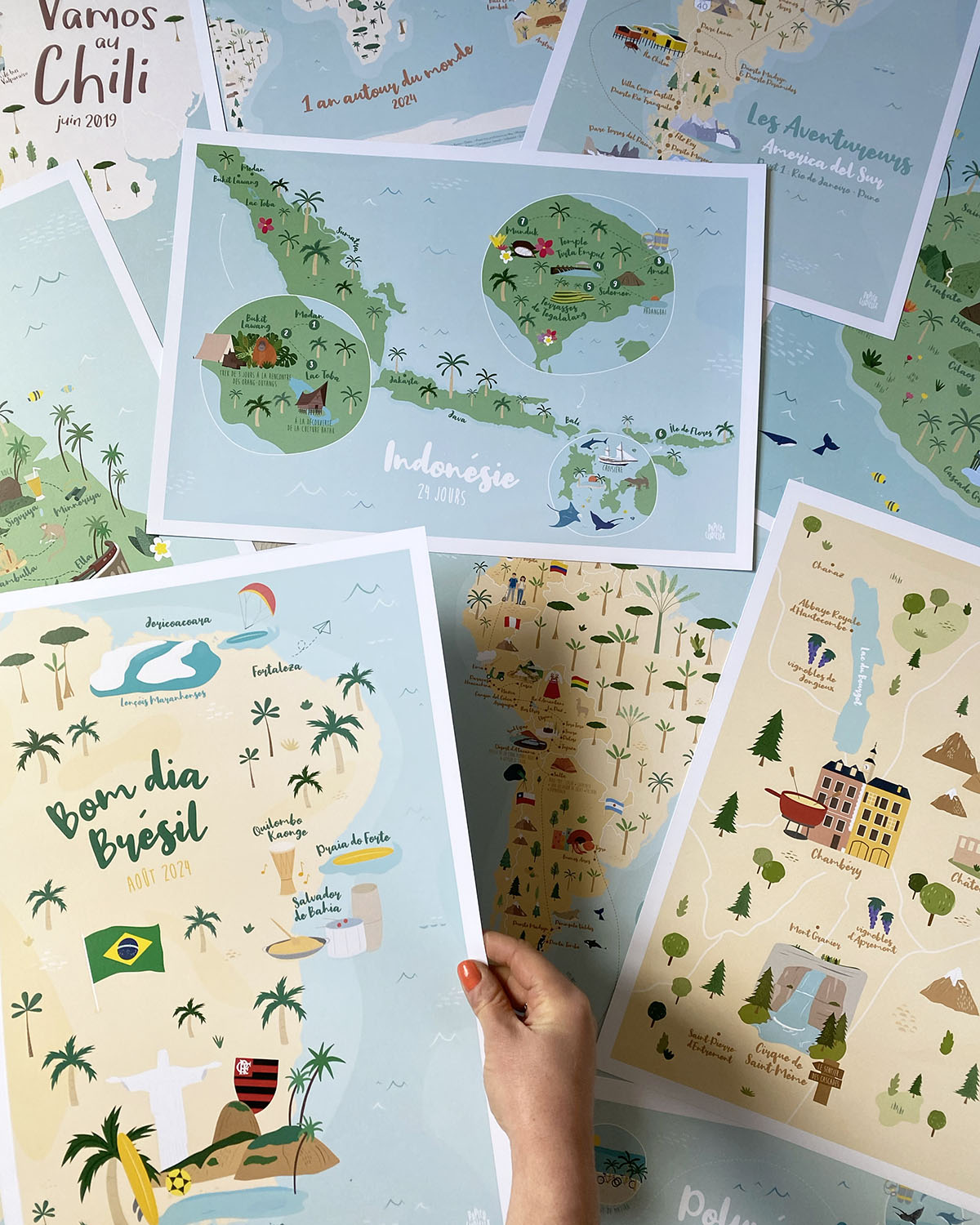 Affiches voyages personnalisés, carte illustration nature, poster pays itinéraire détaillé