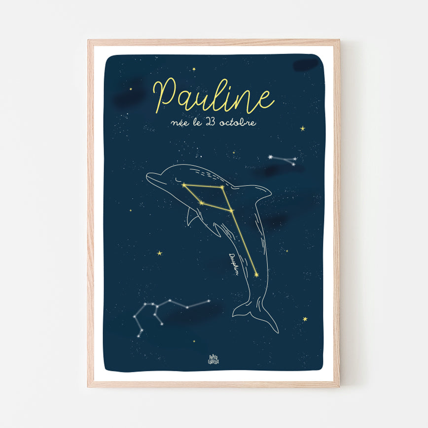 Affiche enfant personnalisée étoiles, poster déco chambre enfant, constellation du Dauphin, déco ludique Papier curieux