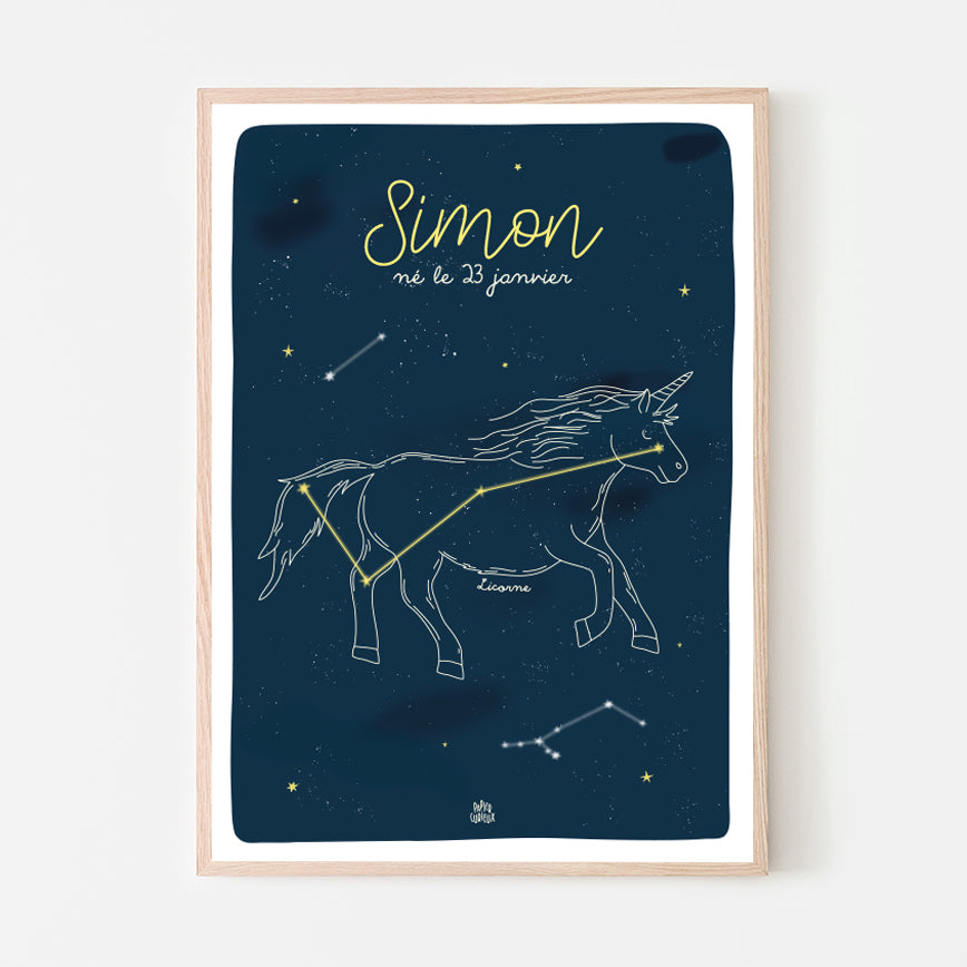 Affiche enfant personnalisée étoiles, poster déco chambre enfant, constellation de la Licorne, déco ludique Papier curieux