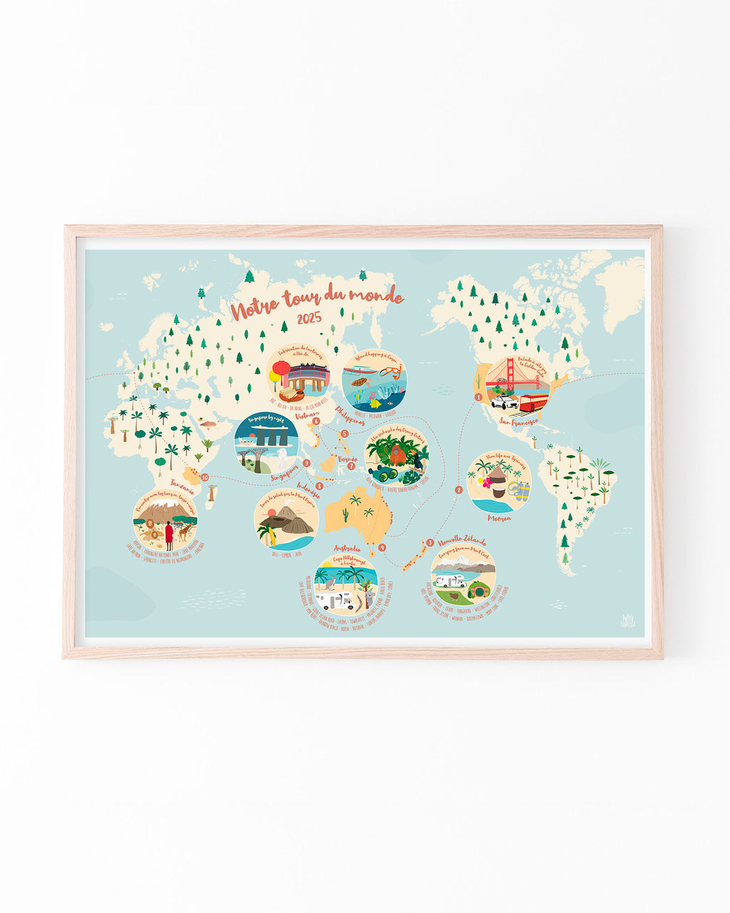 Affiches voyages personnalisés, carte illustration nature, poster tour du monde itinéraire
