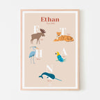 Affiche enfant prénom personnalisé Ethan, poster naissance anniversaire, déco chambre bébé animaux