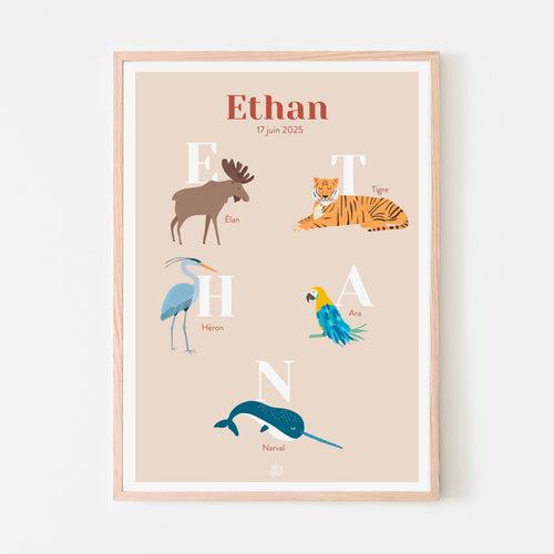 Affiche enfant prénom personnalisé Ethan, poster naissance anniversaire, déco chambre bébé animaux