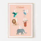 Affiche enfant prénom personnalisé Chloé, poster naissance anniversaire, déco animaux du monde chambre bébé