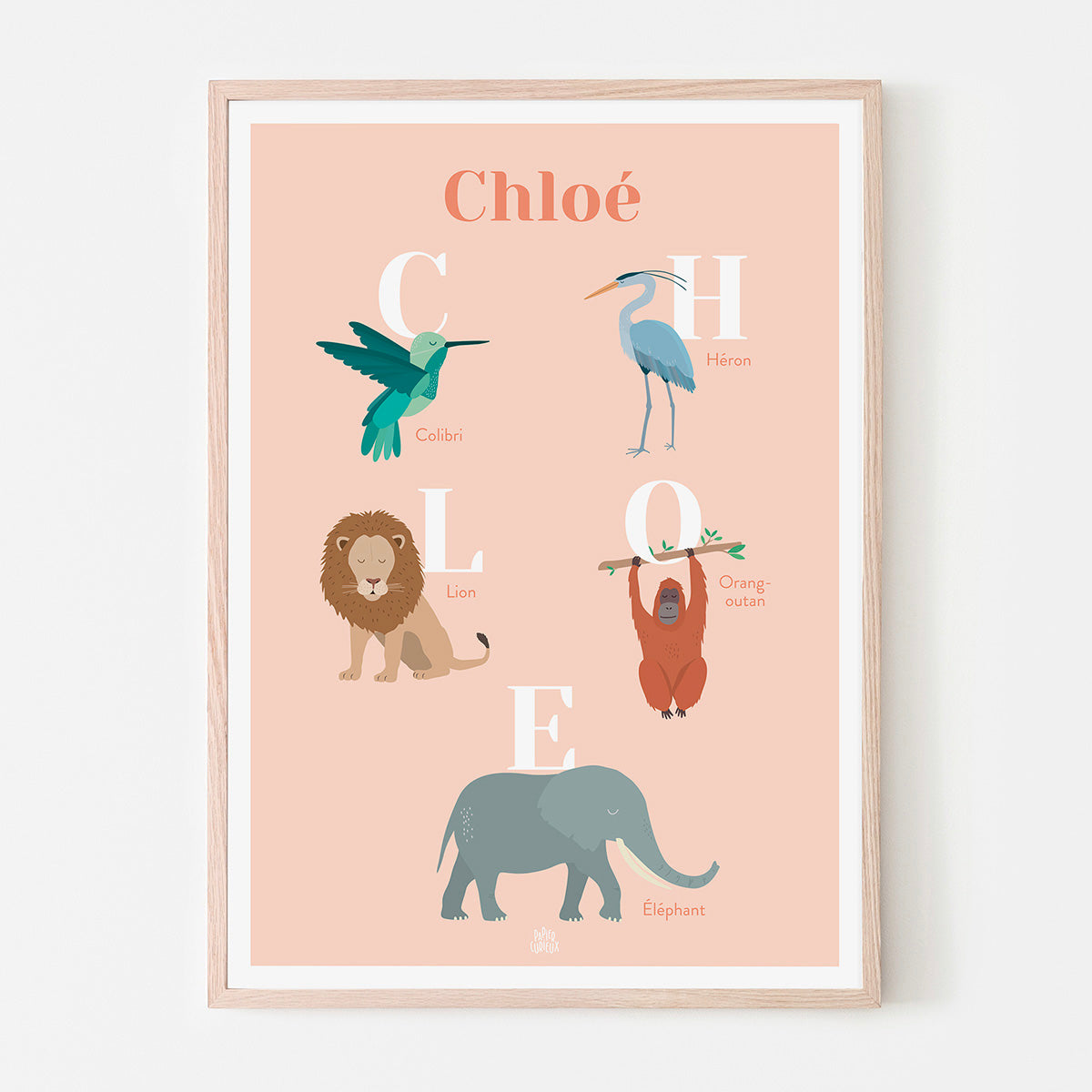 Affiche enfant prénom personnalisé Chloé, poster naissance anniversaire, déco animaux du monde chambre bébé