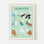 Affiche personnalisée enfant prénom  animaux, poster naissance anniversaire, déco chambre bébé