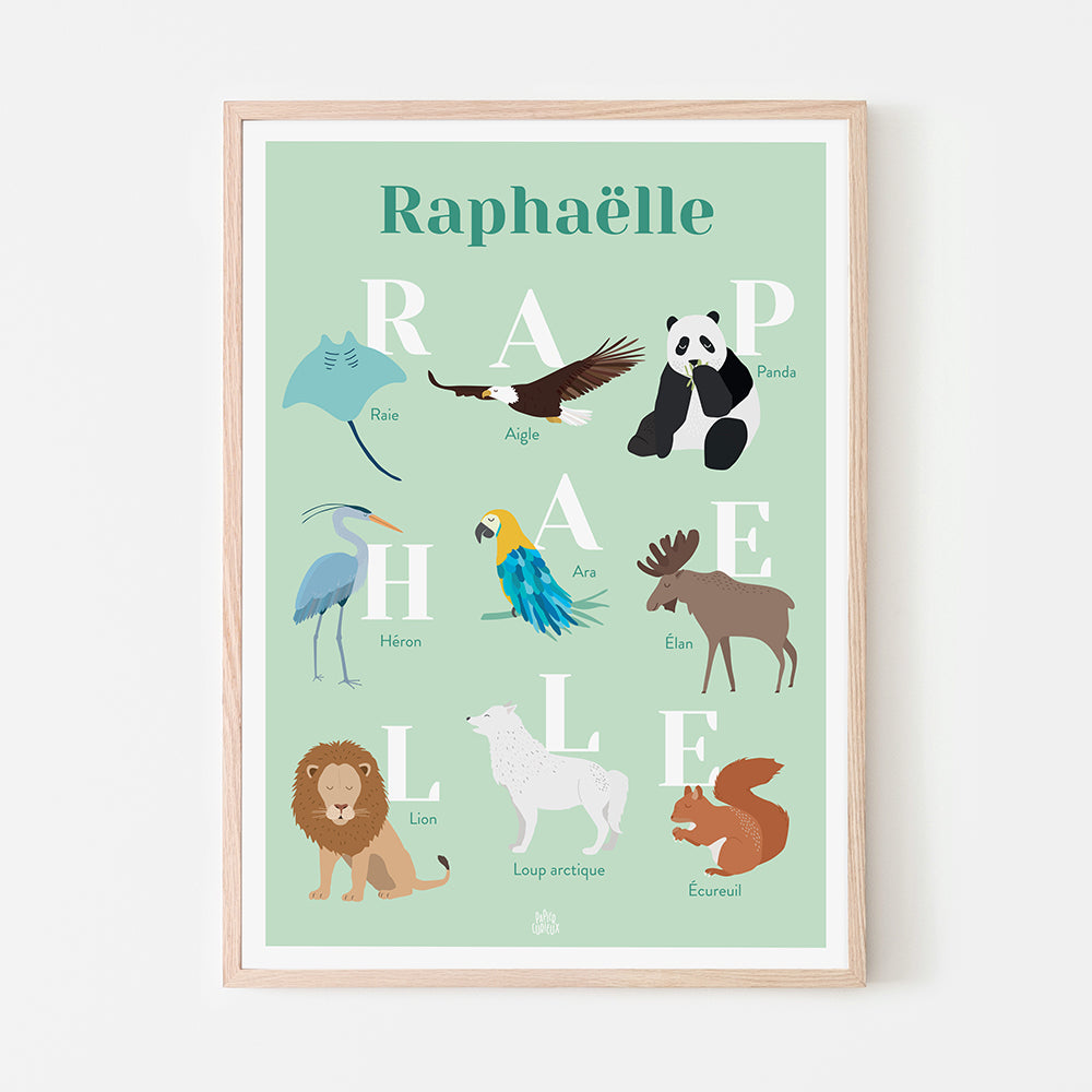 Affiche personnalisée enfant prénom  animaux, poster naissance anniversaire, déco chambre bébé