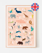 Affiche abécédaire animaux du monde, bilingue français anglais, poster déco illustré pour chambre d'enfant