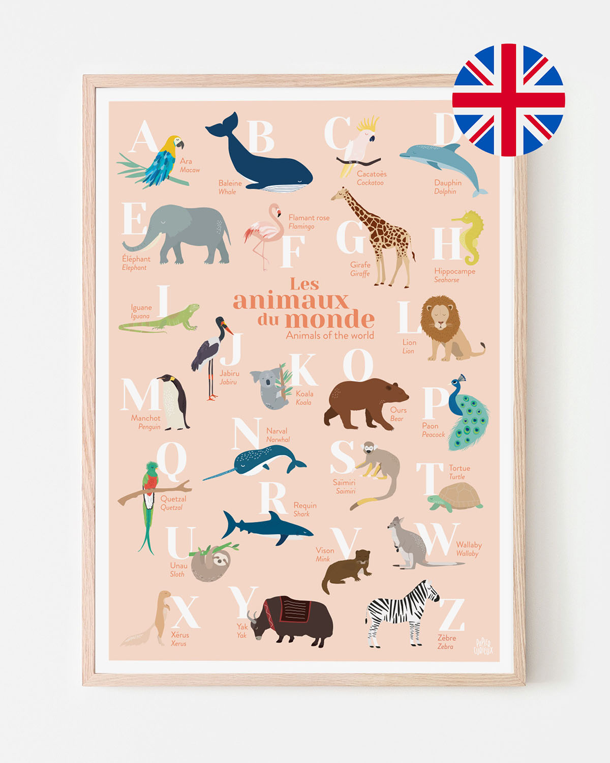 Affiche abécédaire animaux du monde, bilingue français anglais, poster déco illustré pour chambre d'enfant
