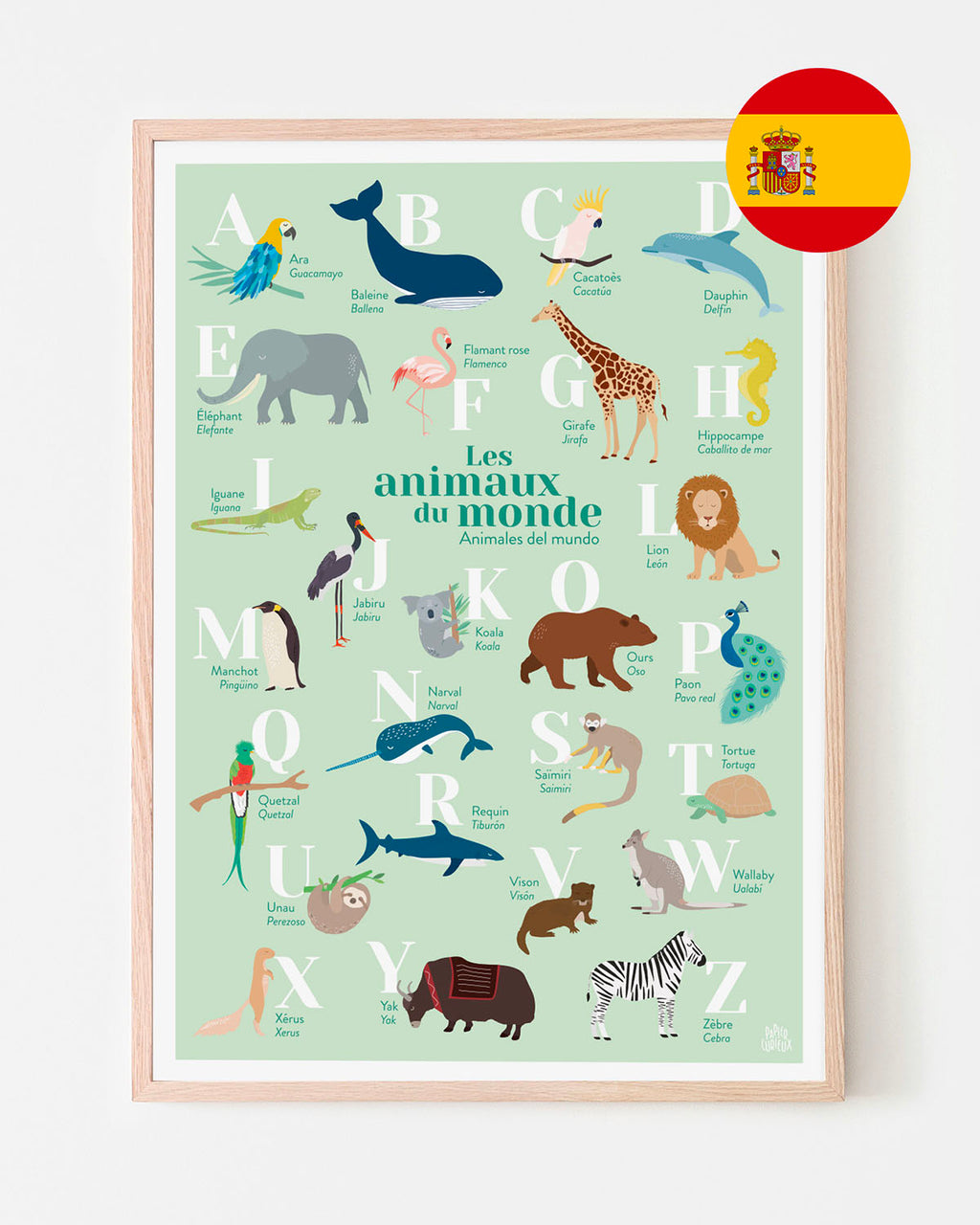 Affiche abécédaire animaux du monde, bilingue français espagnol, poster déco illustré pour chambre d'enfant