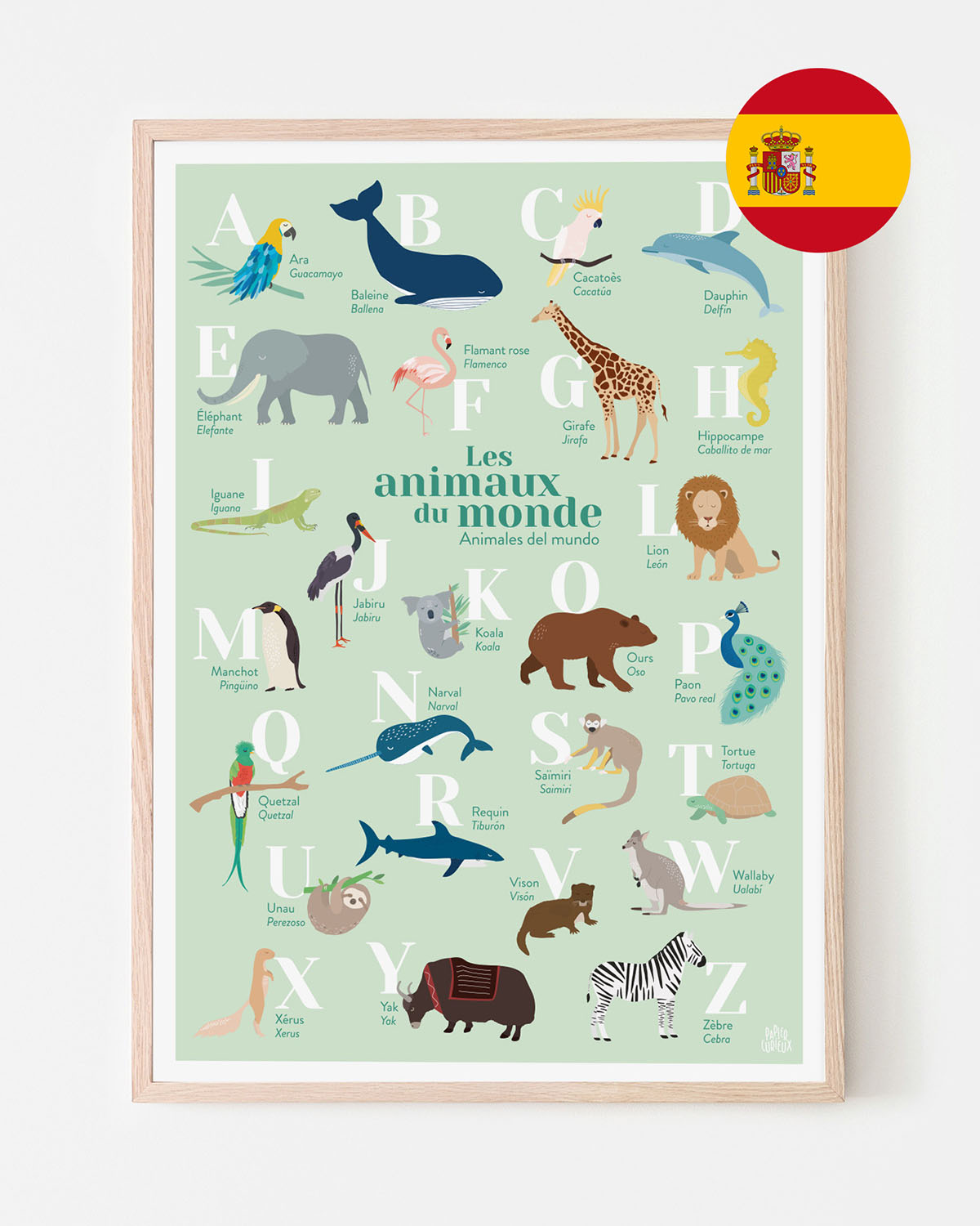 Affiche abécédaire animaux du monde, bilingue français espagnol, poster déco illustré pour chambre d'enfant
