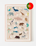 Affiche abécédaire animaux du monde, bilingue français portugais, poster déco illustré pour chambre d'enfant