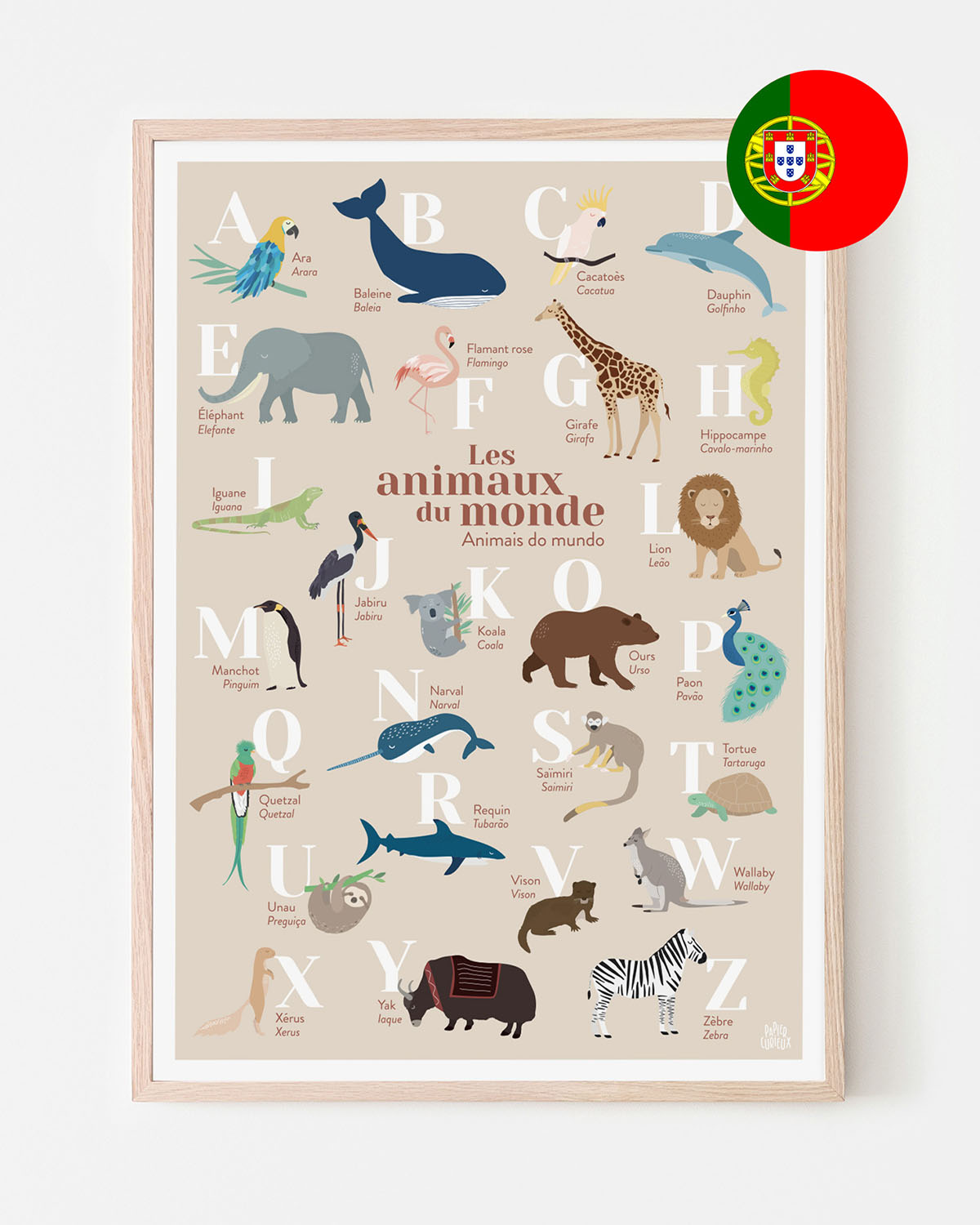 Affiche abécédaire animaux du monde, bilingue français portugais, poster déco illustré pour chambre d'enfant
