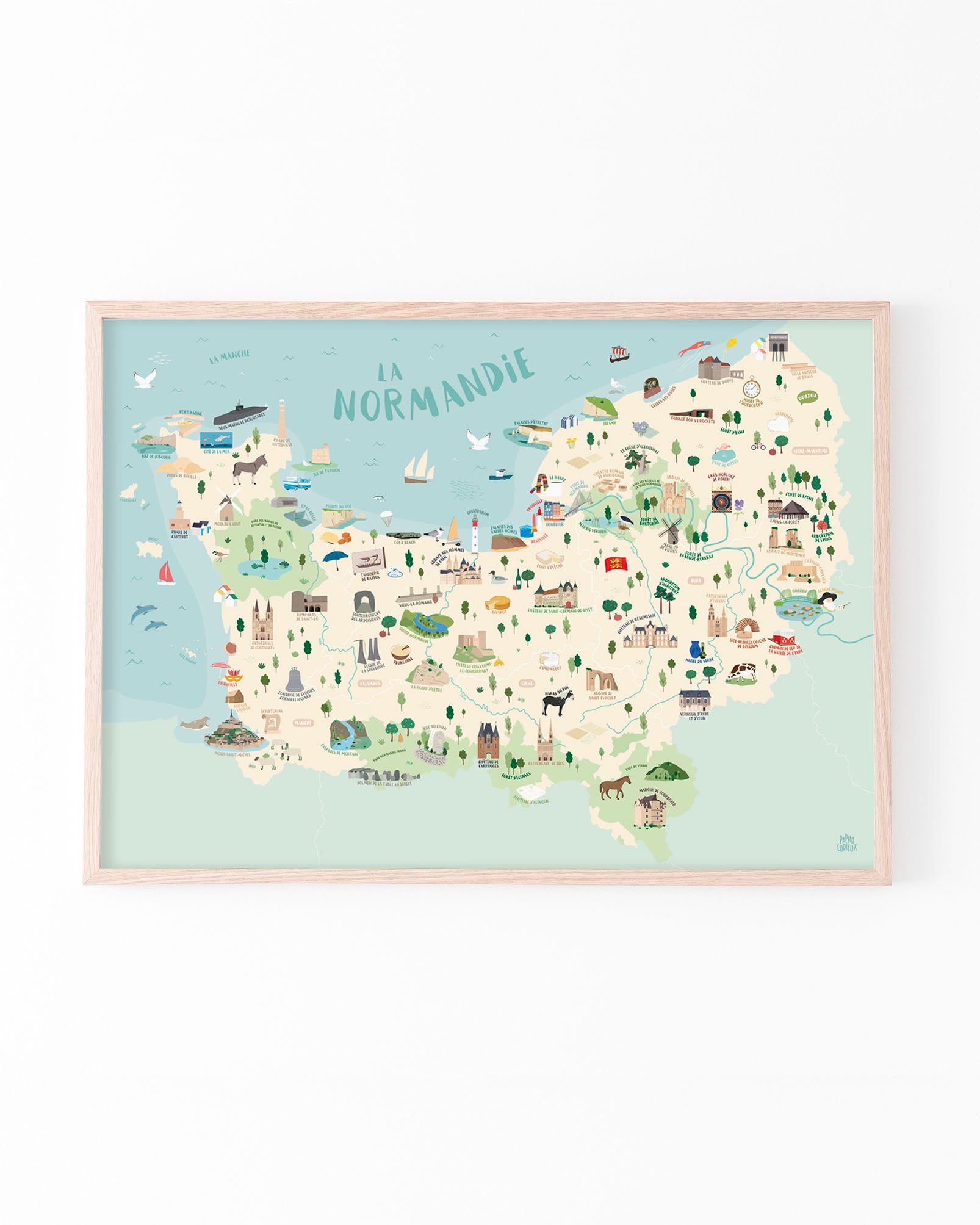 Affiche illustration Normandie, poster déco d'Étretat au Mont-Saint-Michel, carte détaillée région normande