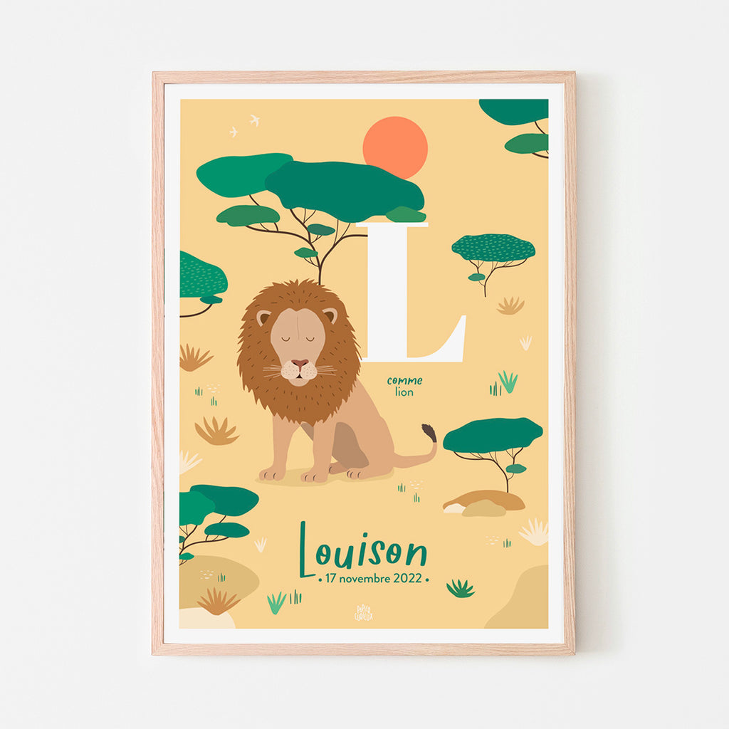 Affiche enfant initiale prénom personnalisé lion, poster date de naissance, déco unique Papier curieux