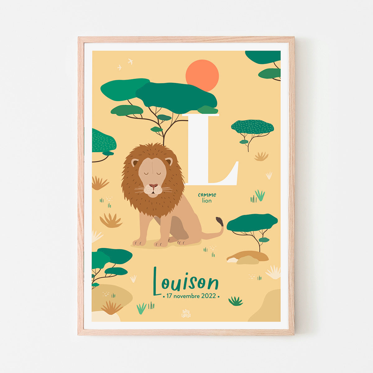 Affiche enfant initiale prénom personnalisé lion, poster date de naissance, déco unique Papier curieux