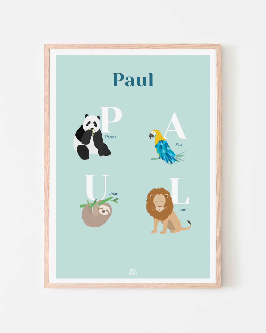 Affiche enfant prénom personnalisé Paul, poster naissance anniversaire, déco chambre bébé animaux