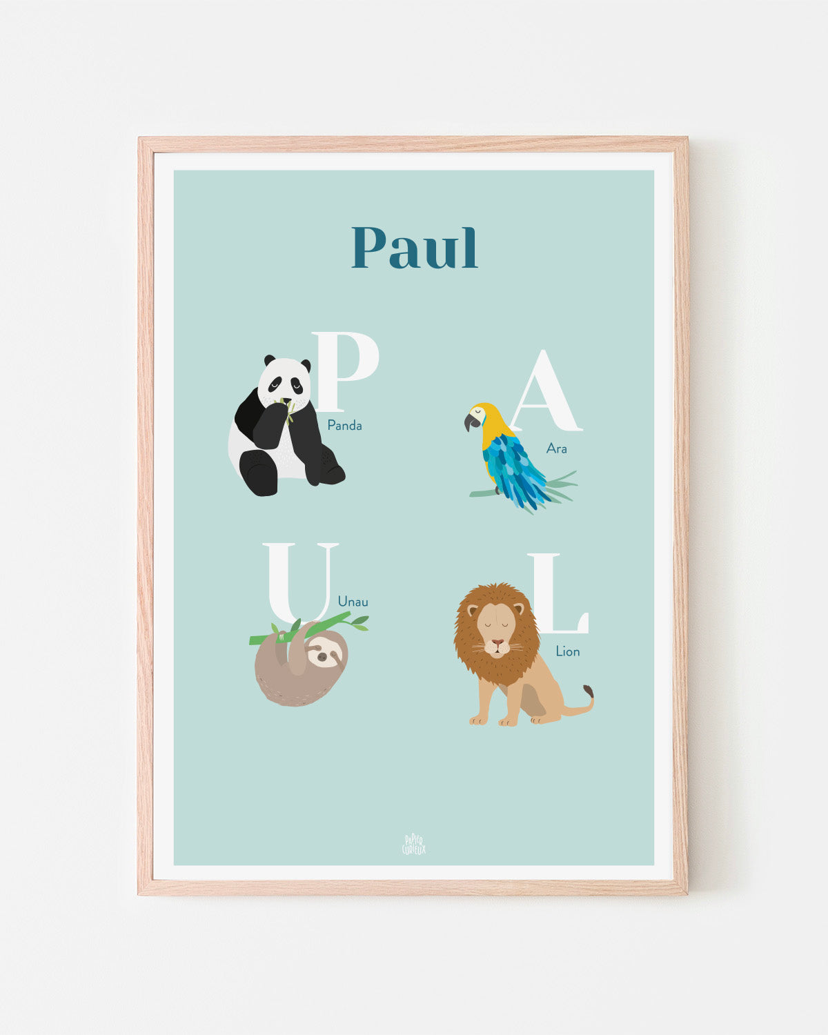 Affiche enfant prénom personnalisé Paul, poster naissance anniversaire, déco chambre bébé animaux