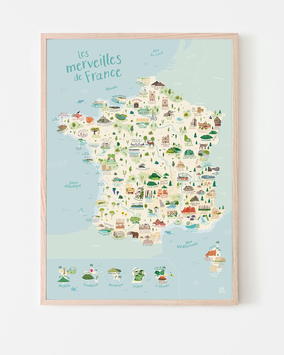 Carte de France, affiche déco colorée, affiche détaillée à explorer, poster illustré pédagogique et géographique Papier curieux