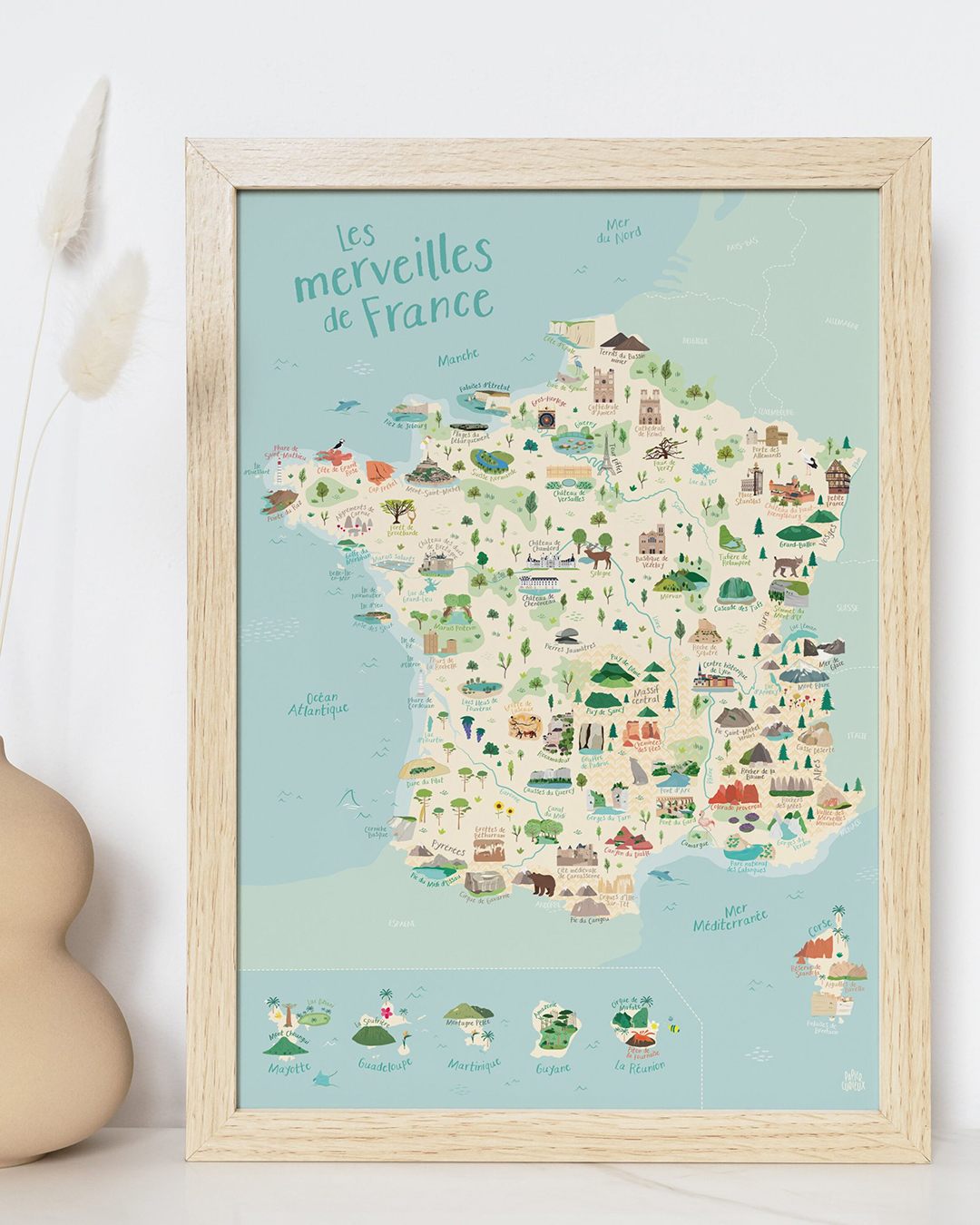 Carte de France, affiche déco colorée, affiche détaillée à explorer, poster illustré pédagogique et géographique Papier curieux