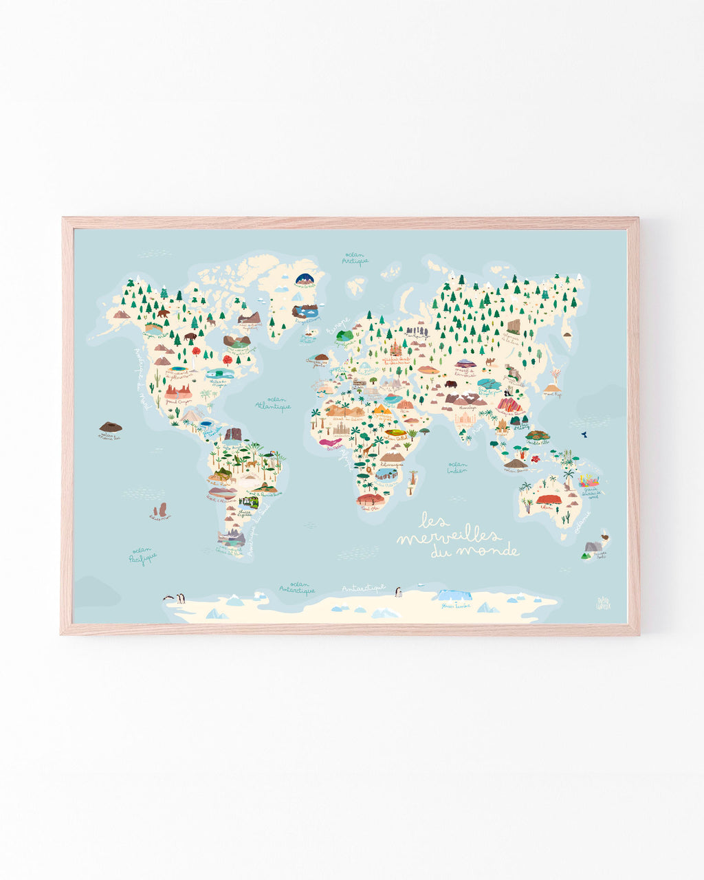 Carte du monde illustrée, déco colorée chambre enfant, planisphère pédagogique et jeu, poster géographique et animaux