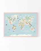Carte du monde illustrée, déco colorée chambre enfant, planisphère pédagogique et jeu, poster géographique et animaux